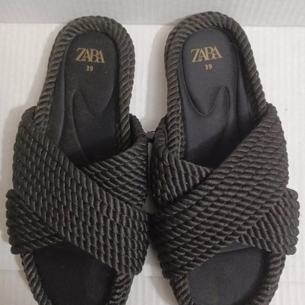 ZARA ROPE SLIDE SANDALS BLACK SIZE 39 - Picture 4 of 12